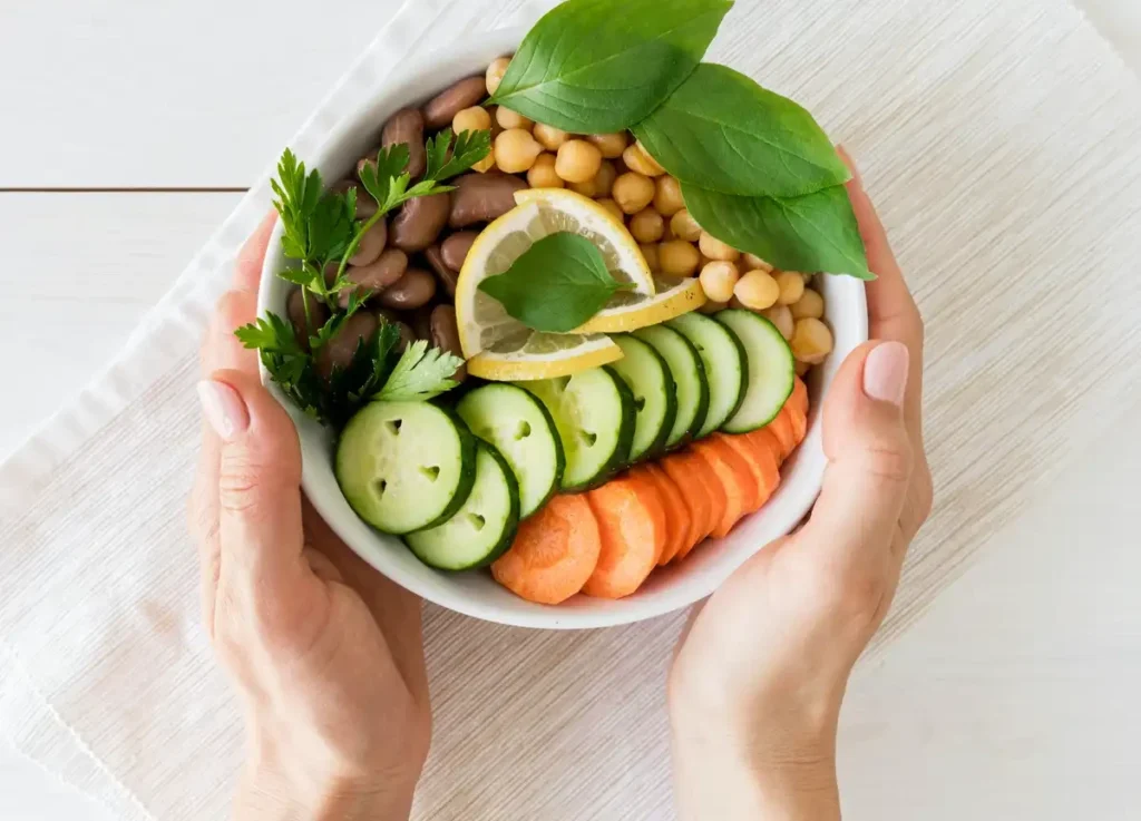 Prato saudável com legumes frescos, grão de bico, feijão e ervas.